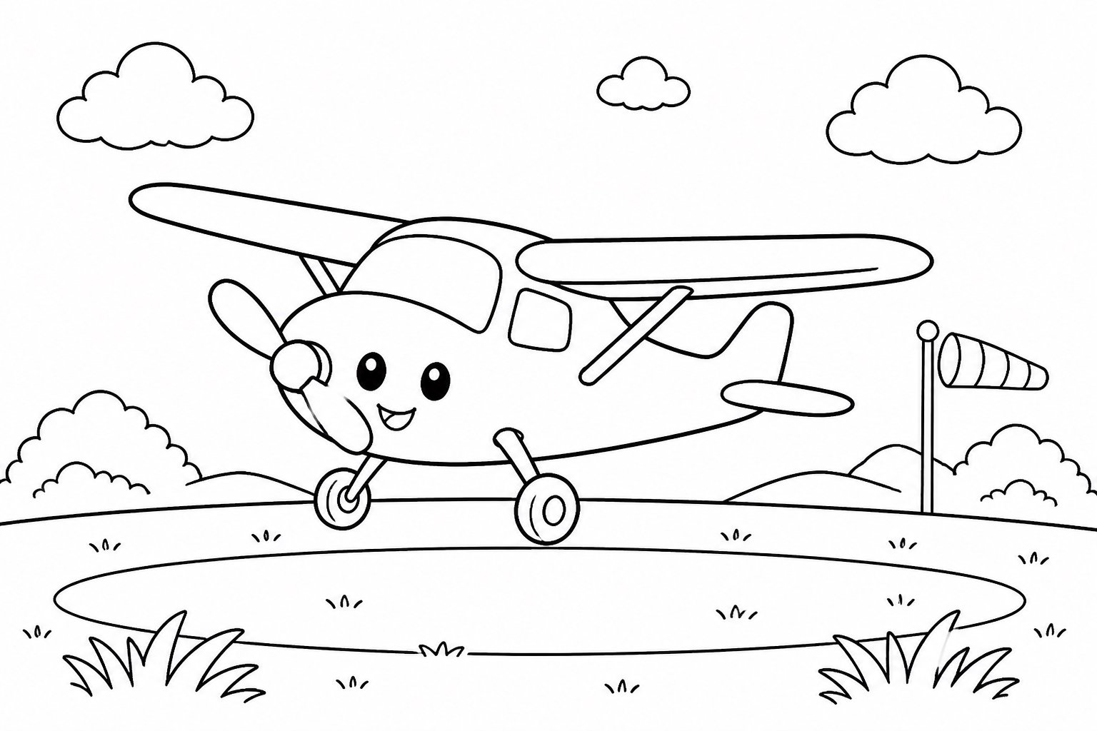 O pequeno avião pousa no aeroporto do campo