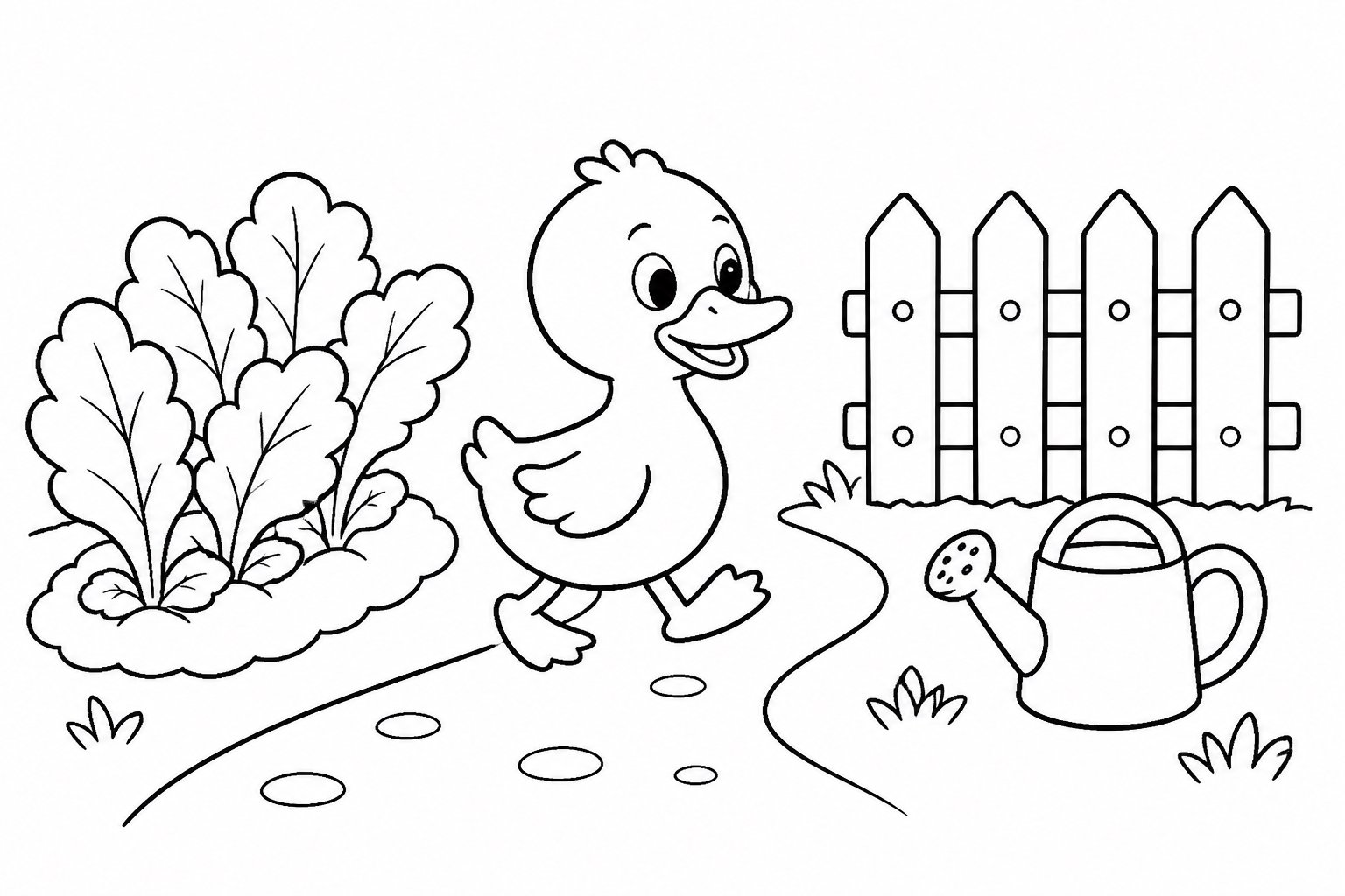 Kleine Ente läuft durch das Gemüsebeet