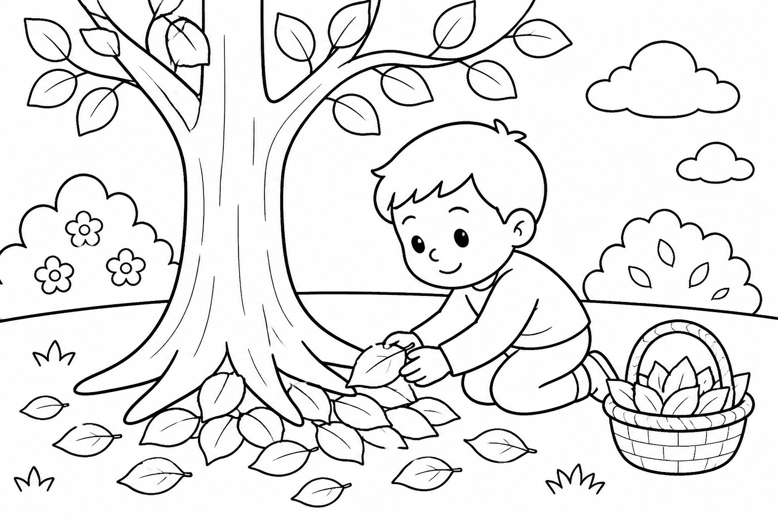 Enfant recouvrant les racines d’un arbre de feuilles mortes