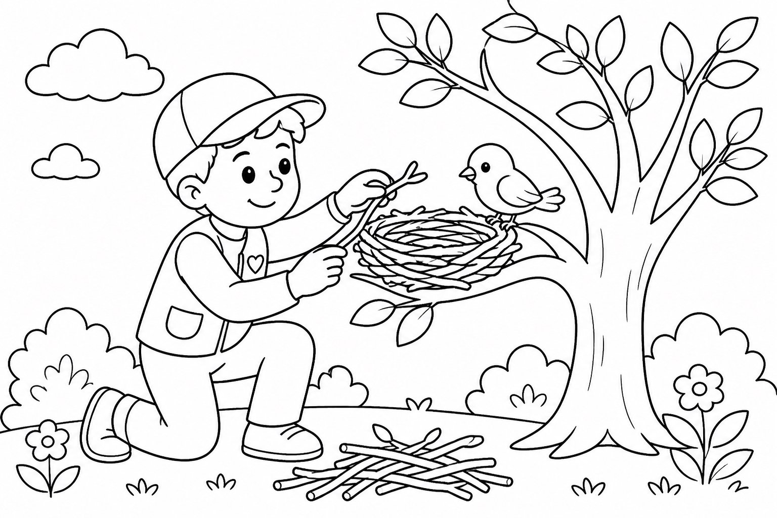 Bénévole construisant un nouveau nid pour un petit oiseau