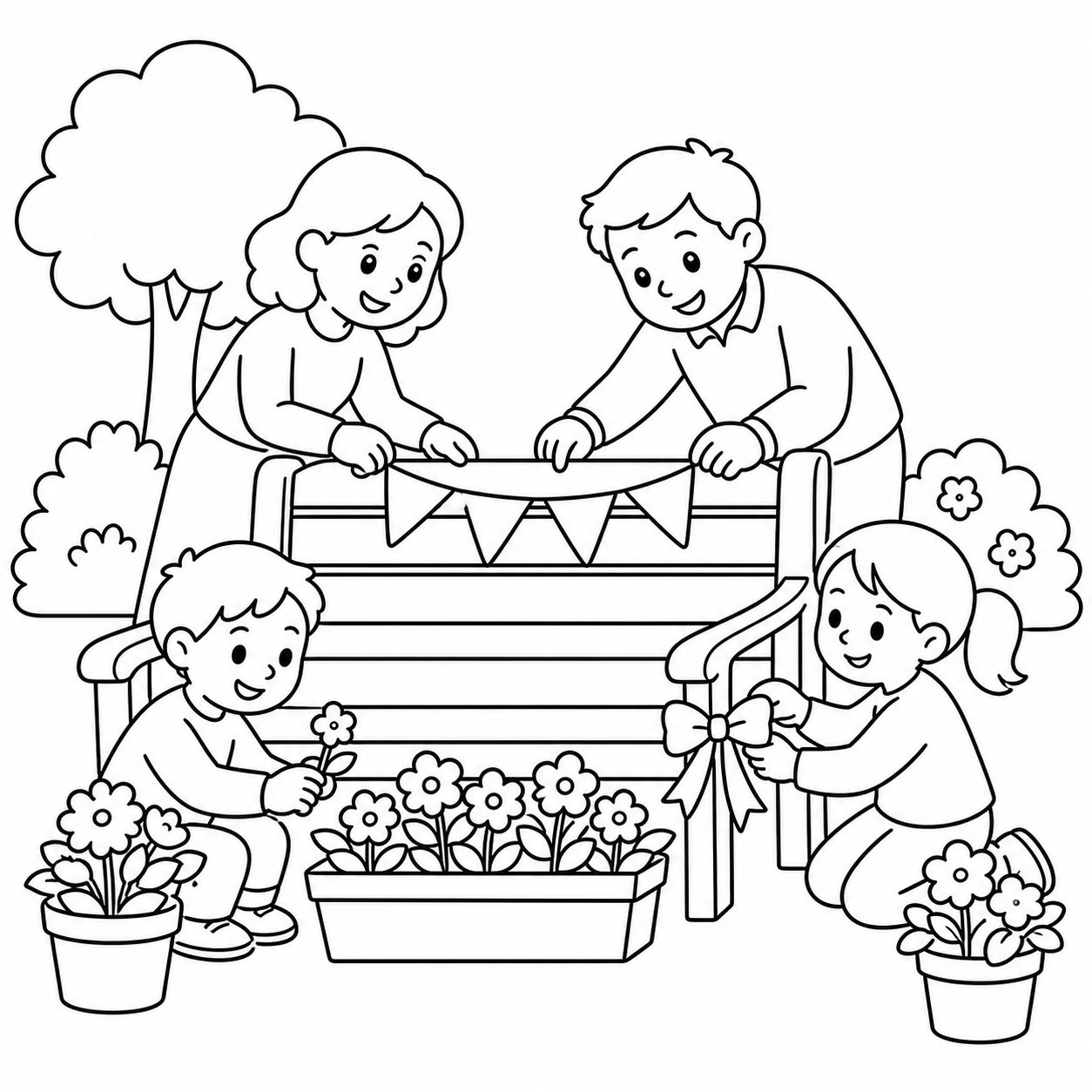 Vecinos decorando un banco juntos