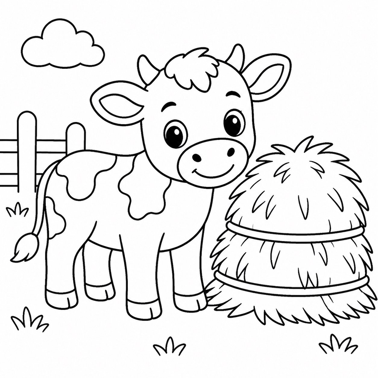 子牛が干し草の山のそばに立つ