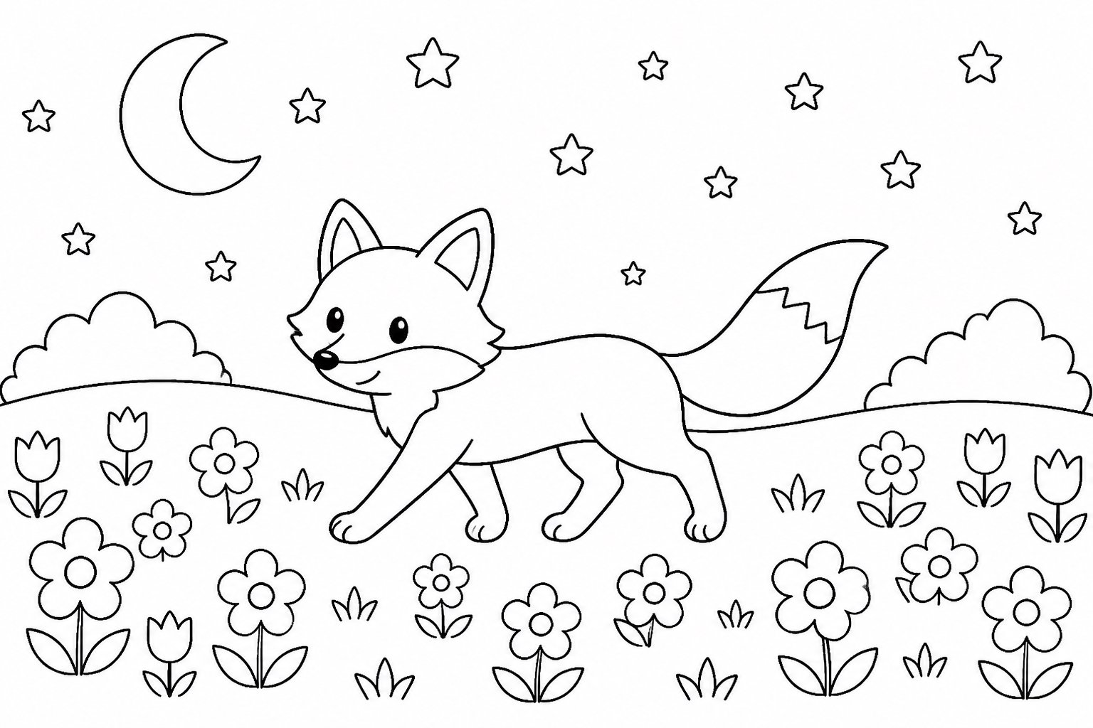 Renard nocturne traversant un champ de fleurs
