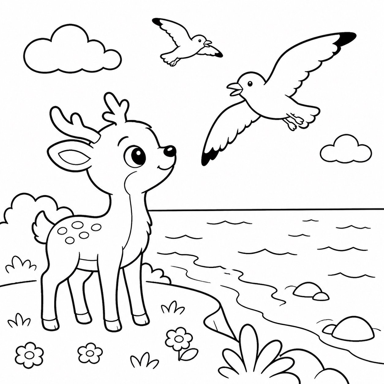 Veado jovem observando aves marinhas