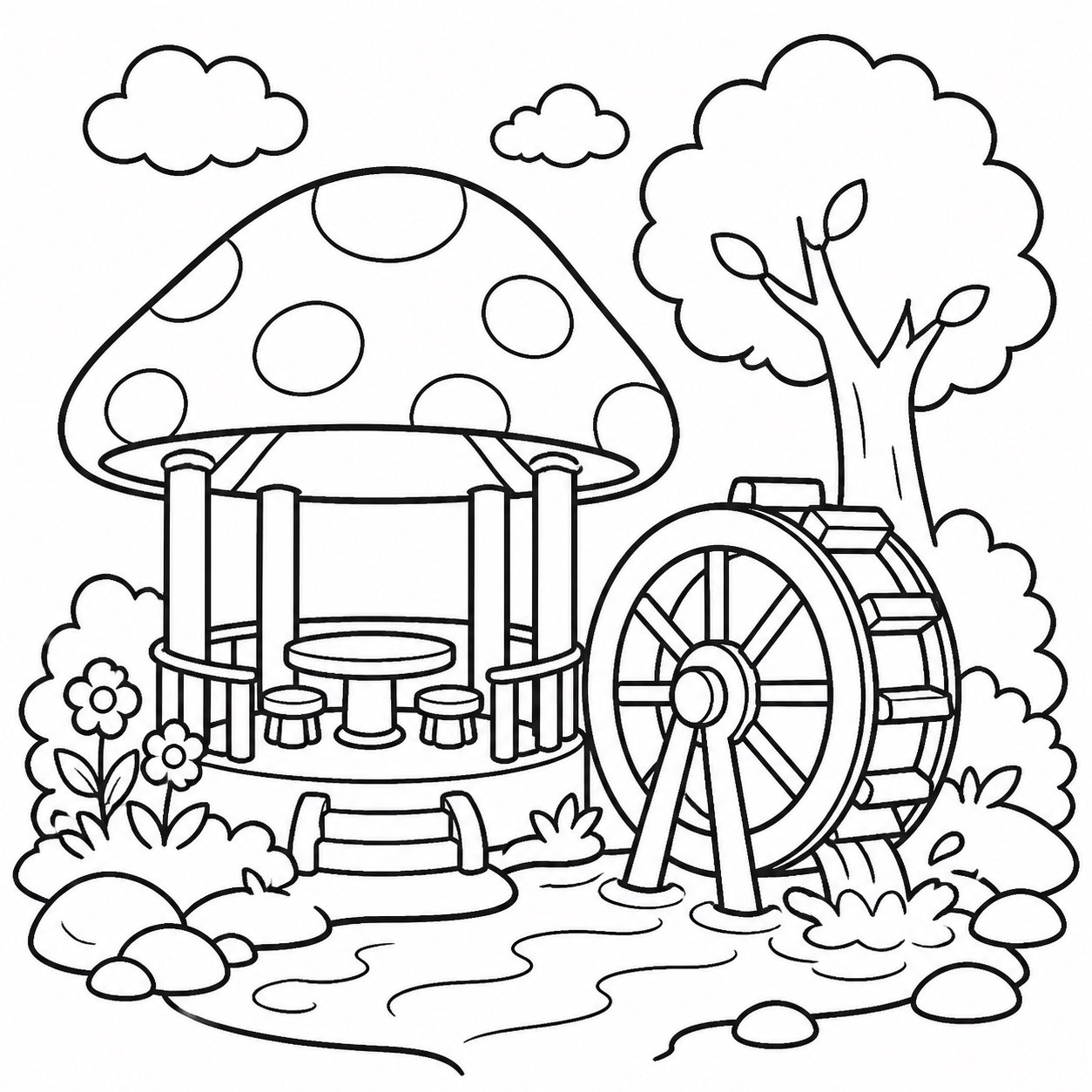 Pequeña rueda de agua junto al cenador de hongos