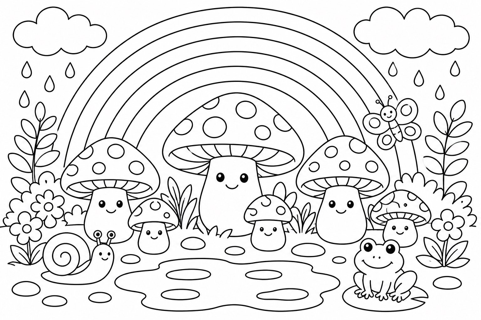 虹の下のキノコの群れ