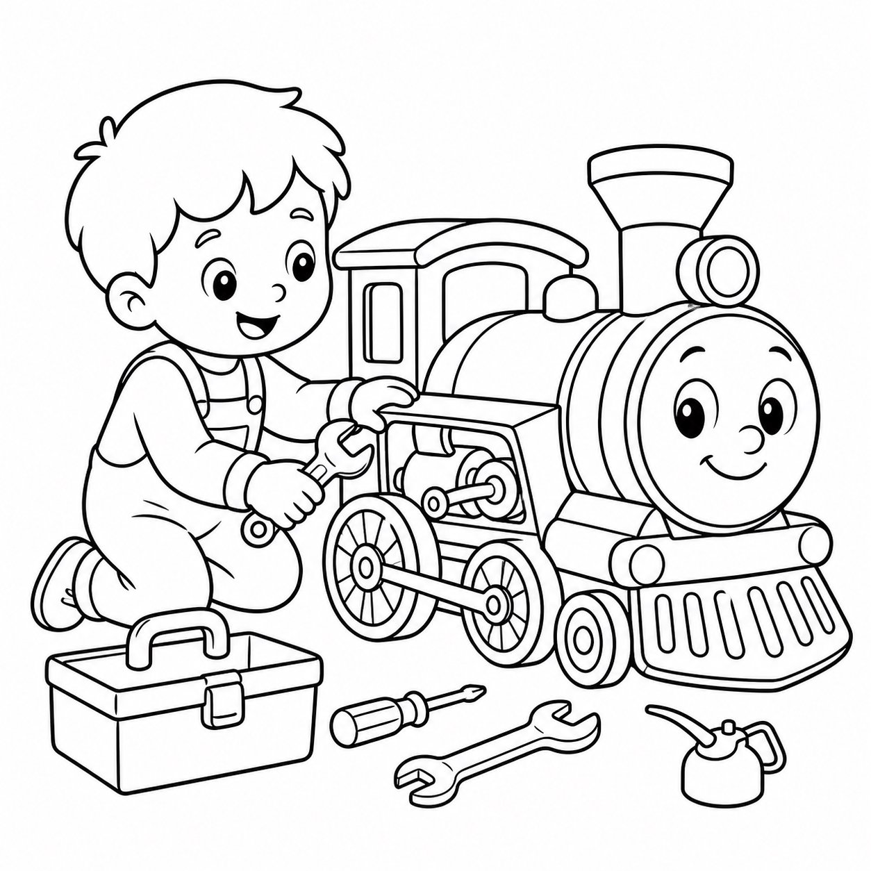 Enfants réparant un petit train