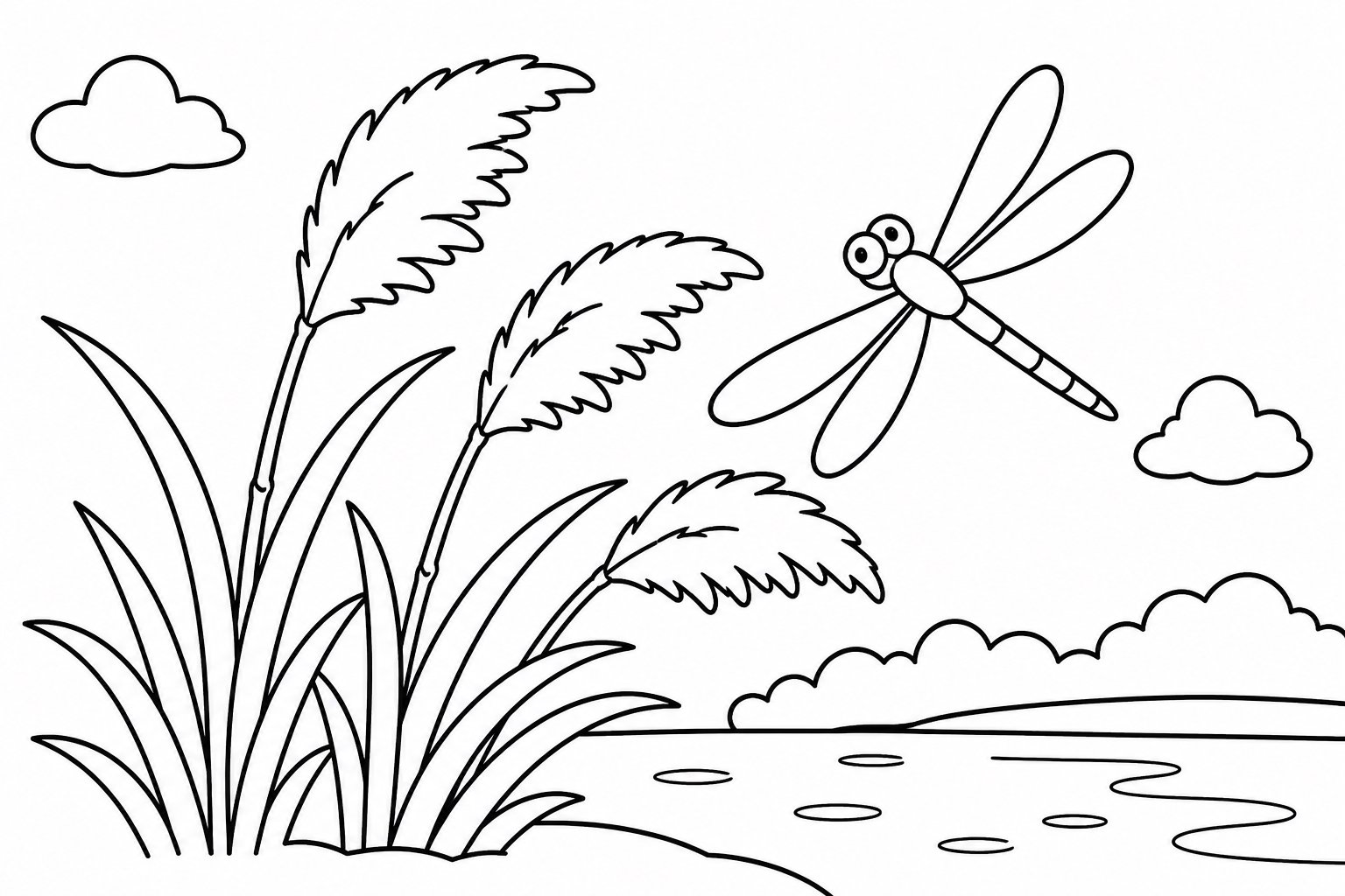 Libellule près des épis fleuris des roseaux