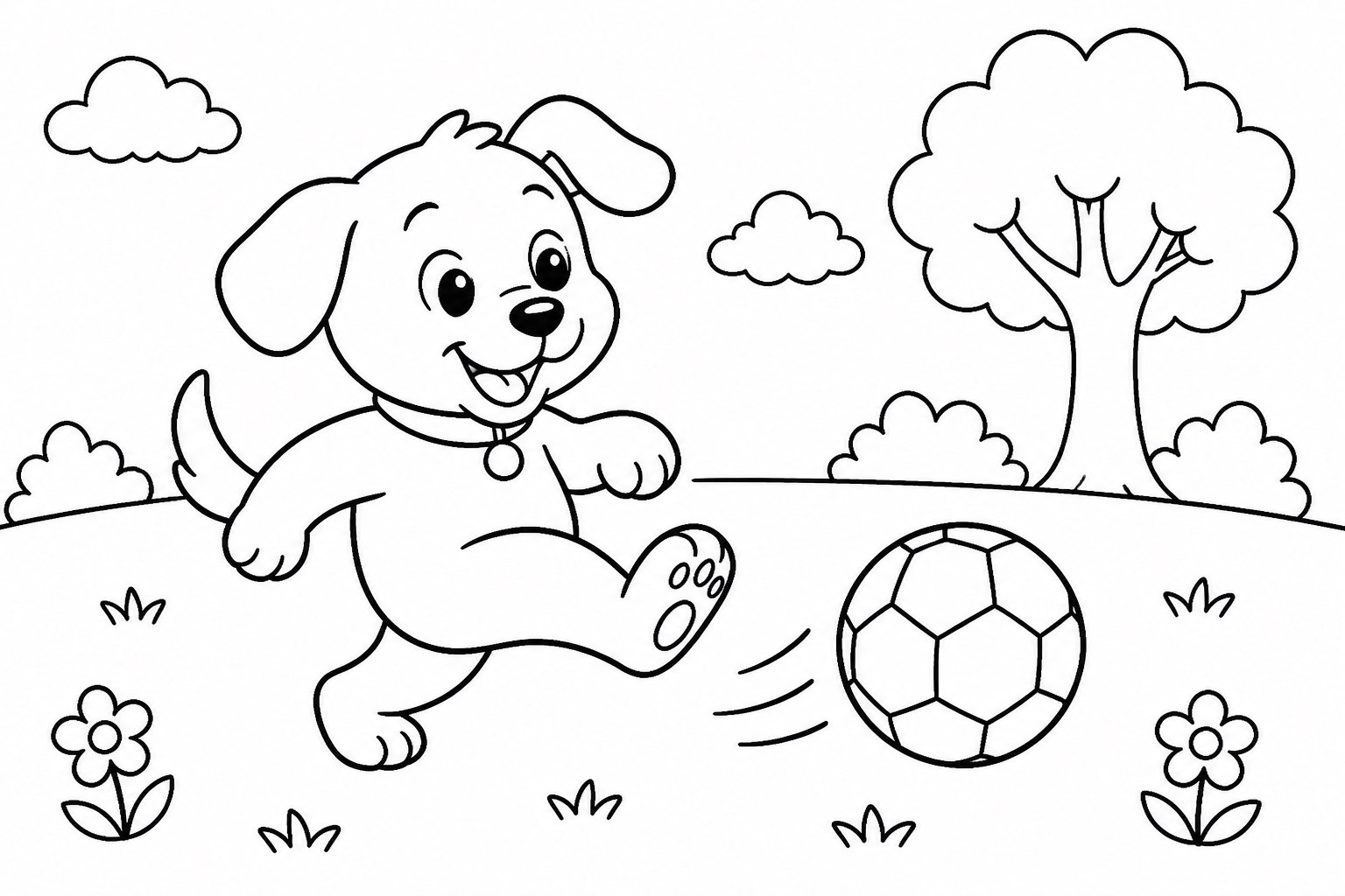 El cachorro juega con una pelota en el prado