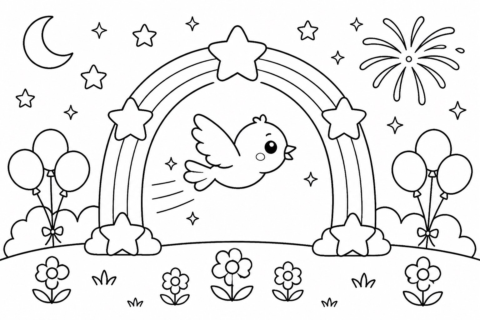Pajarito atravesando un arco de estrellas fugaces