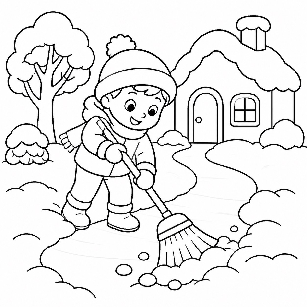 Enfant balayant un petit chemin dans la neige