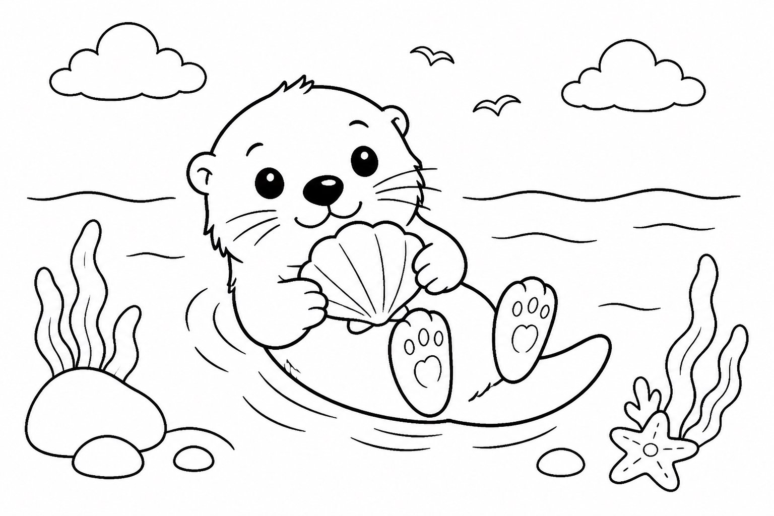 La nutria marina pequeña abraza una concha