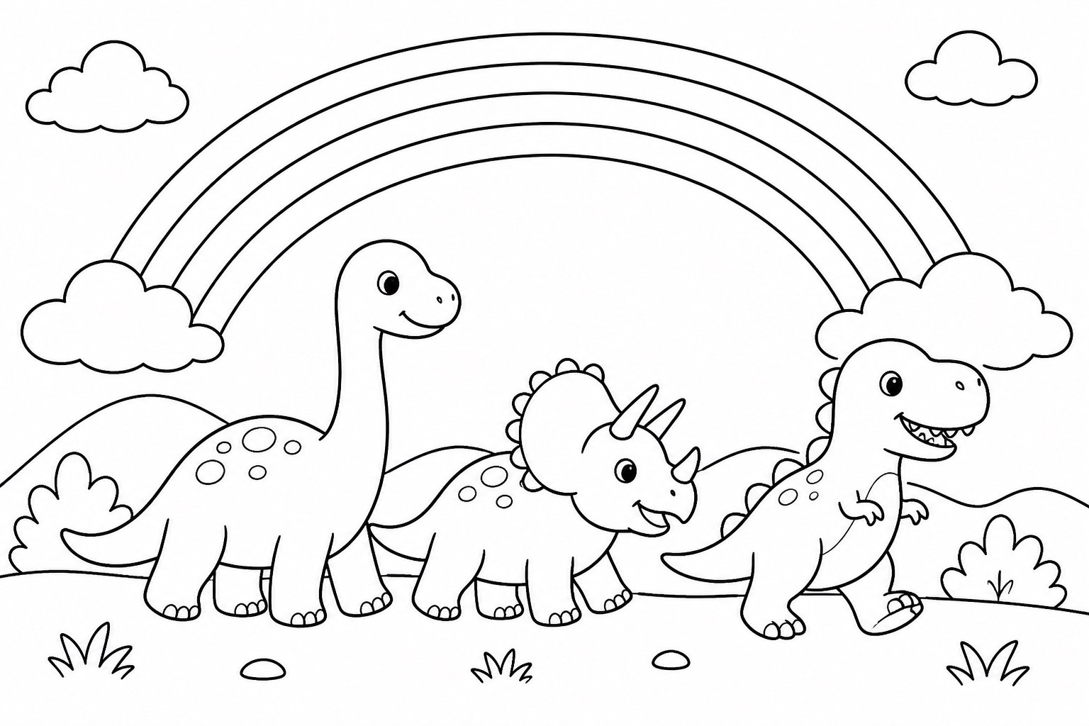 Dinossauro passeando sob um arco-íris