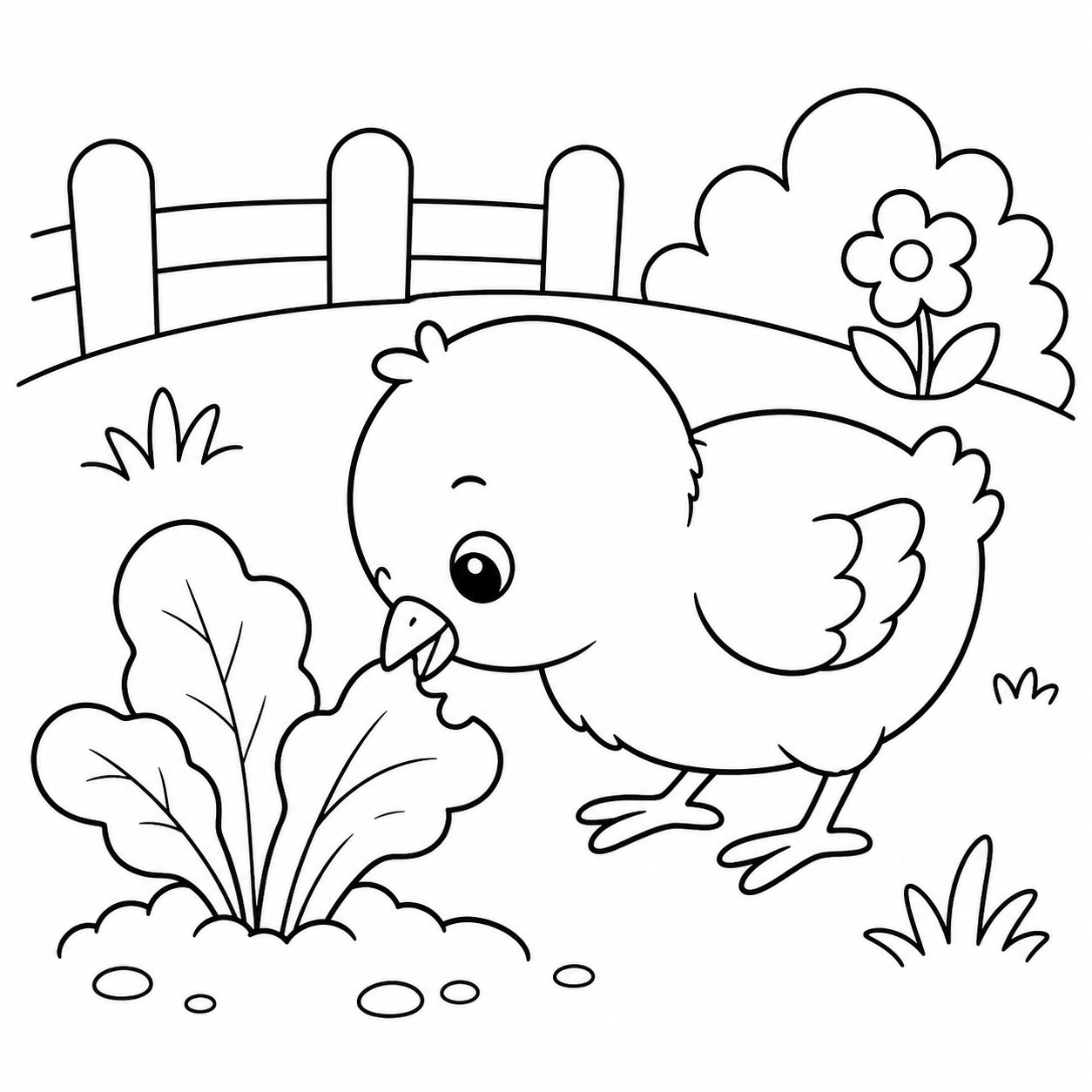 柔らかな野菜の葉をついばむひよこ
