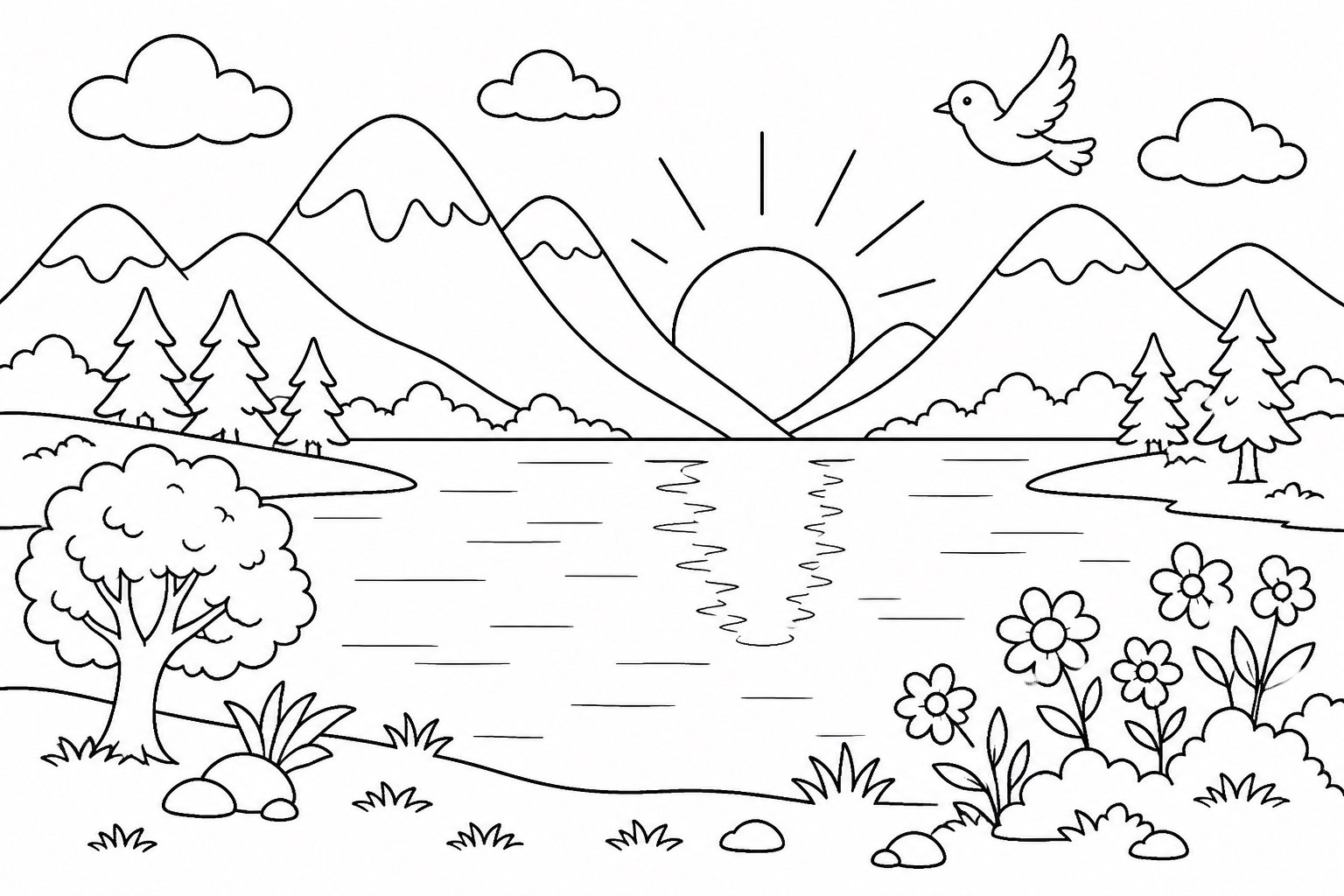 Lac de montagne au coucher du soleil