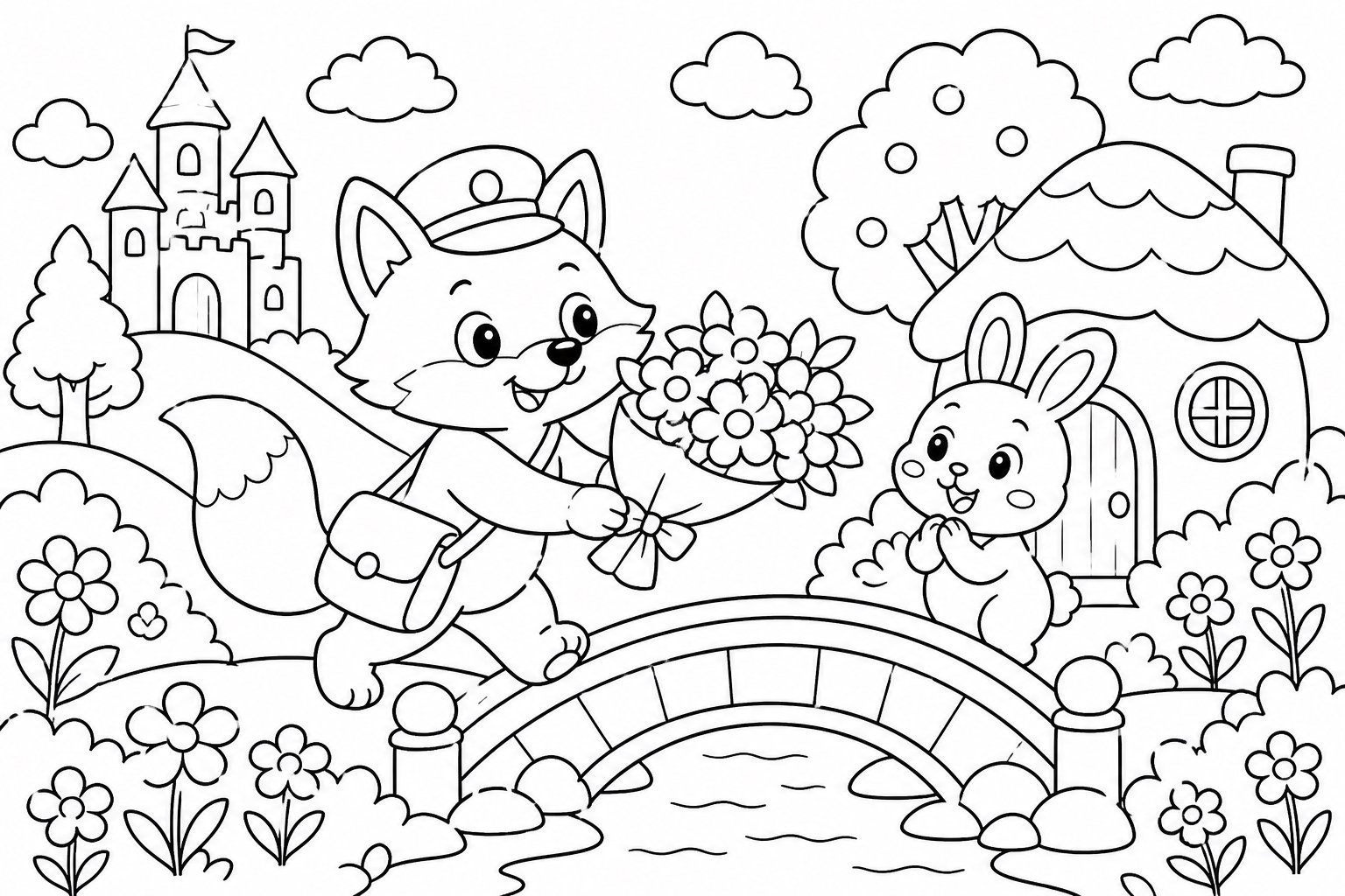 Renard facteur livrant un bouquet