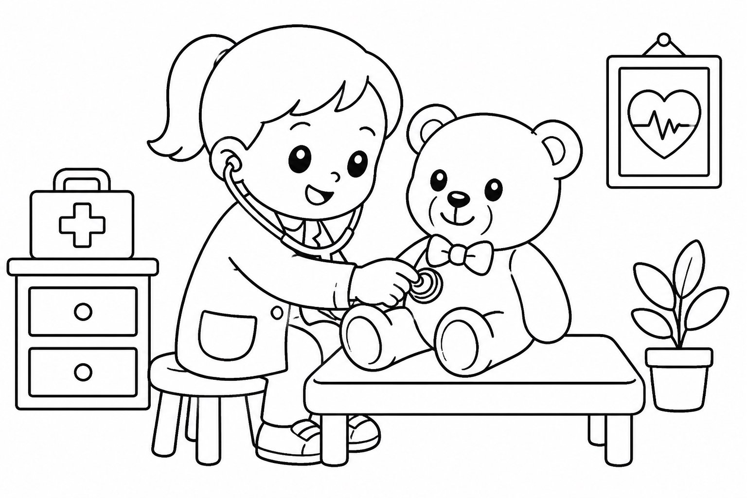 Pequeno médico examinando uma boneca