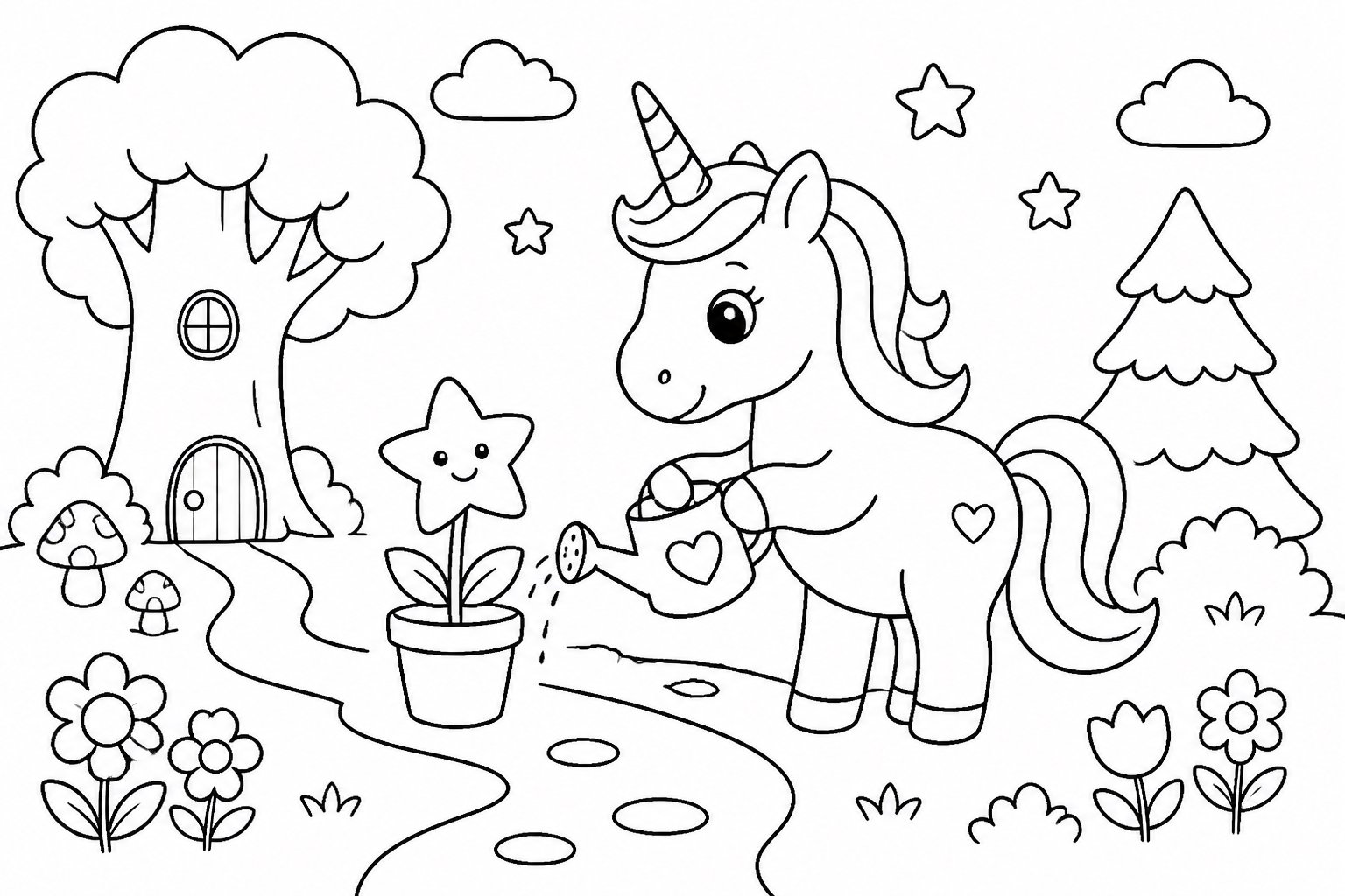 星の花を世話するユニコーン