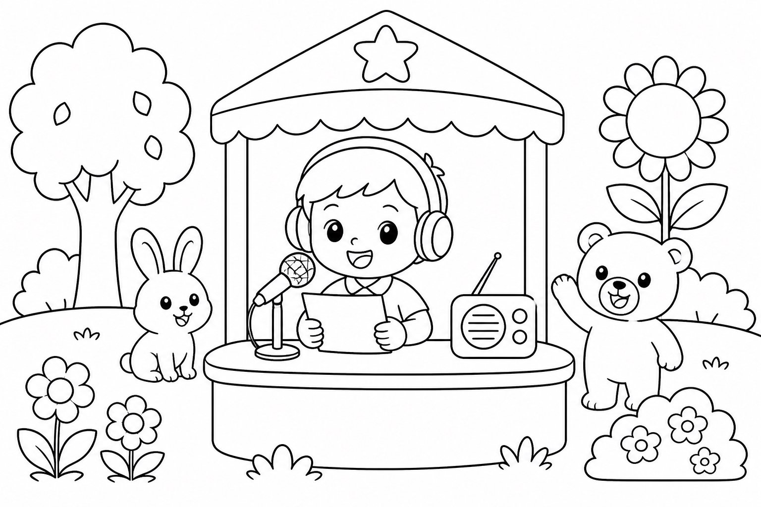 ヘッドホンを着けて放送する子ども
