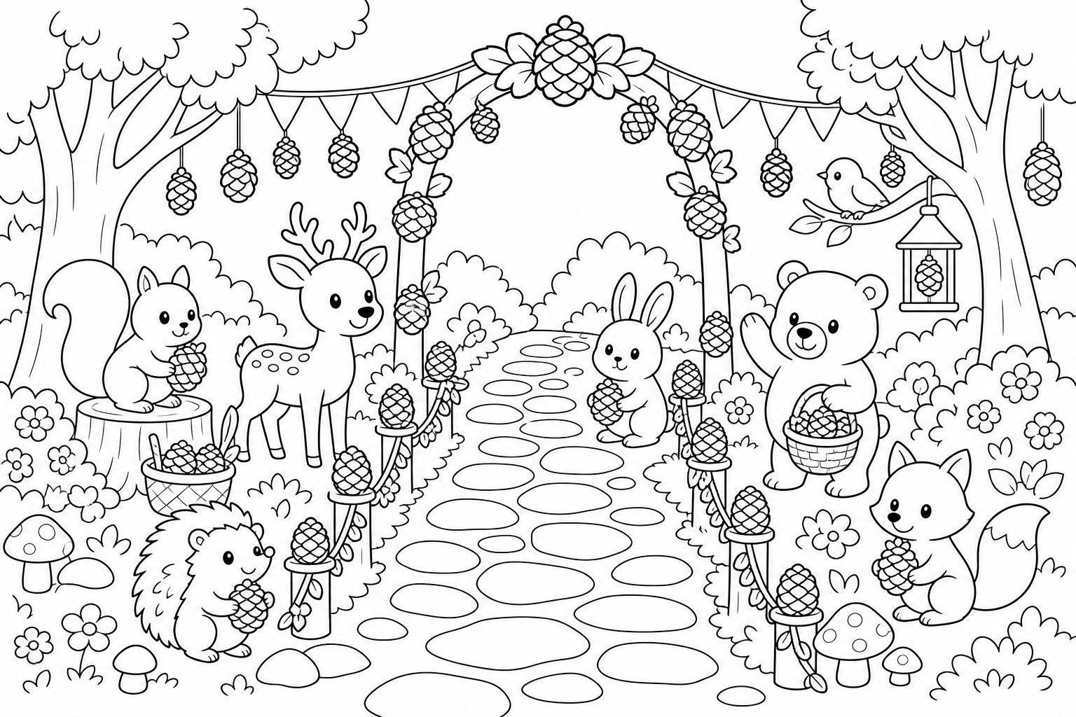 Sendero decorado con piñas