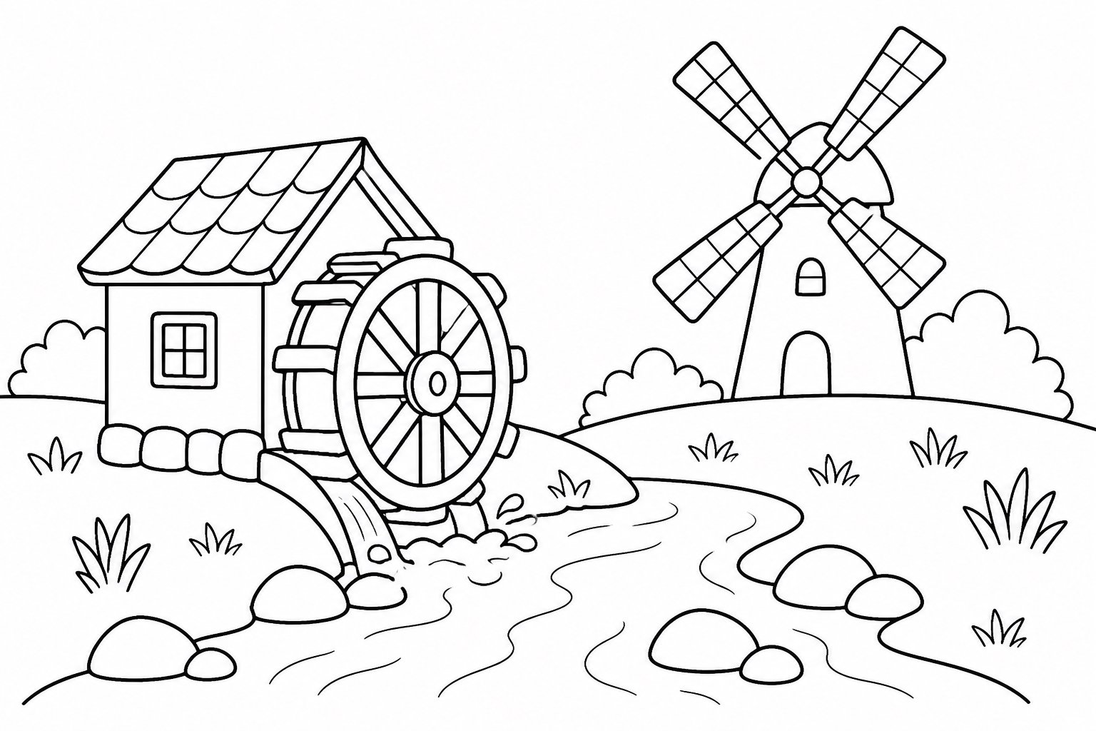 Petite roue à eau près d’un moulin à vent