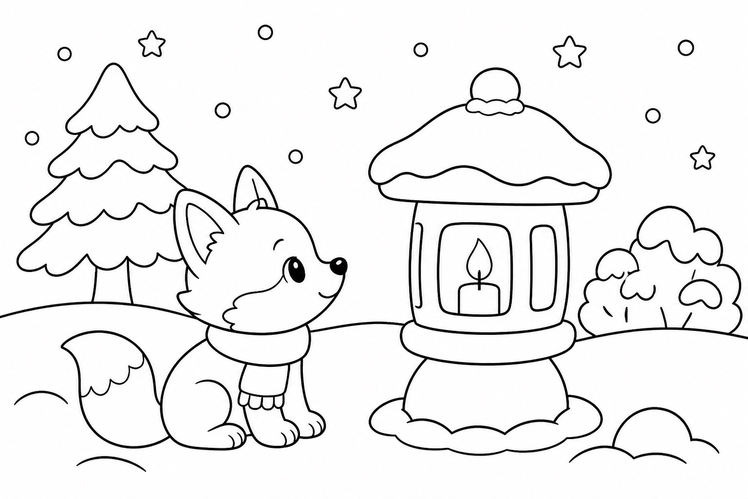 小さなキツネが雪灯りを見る