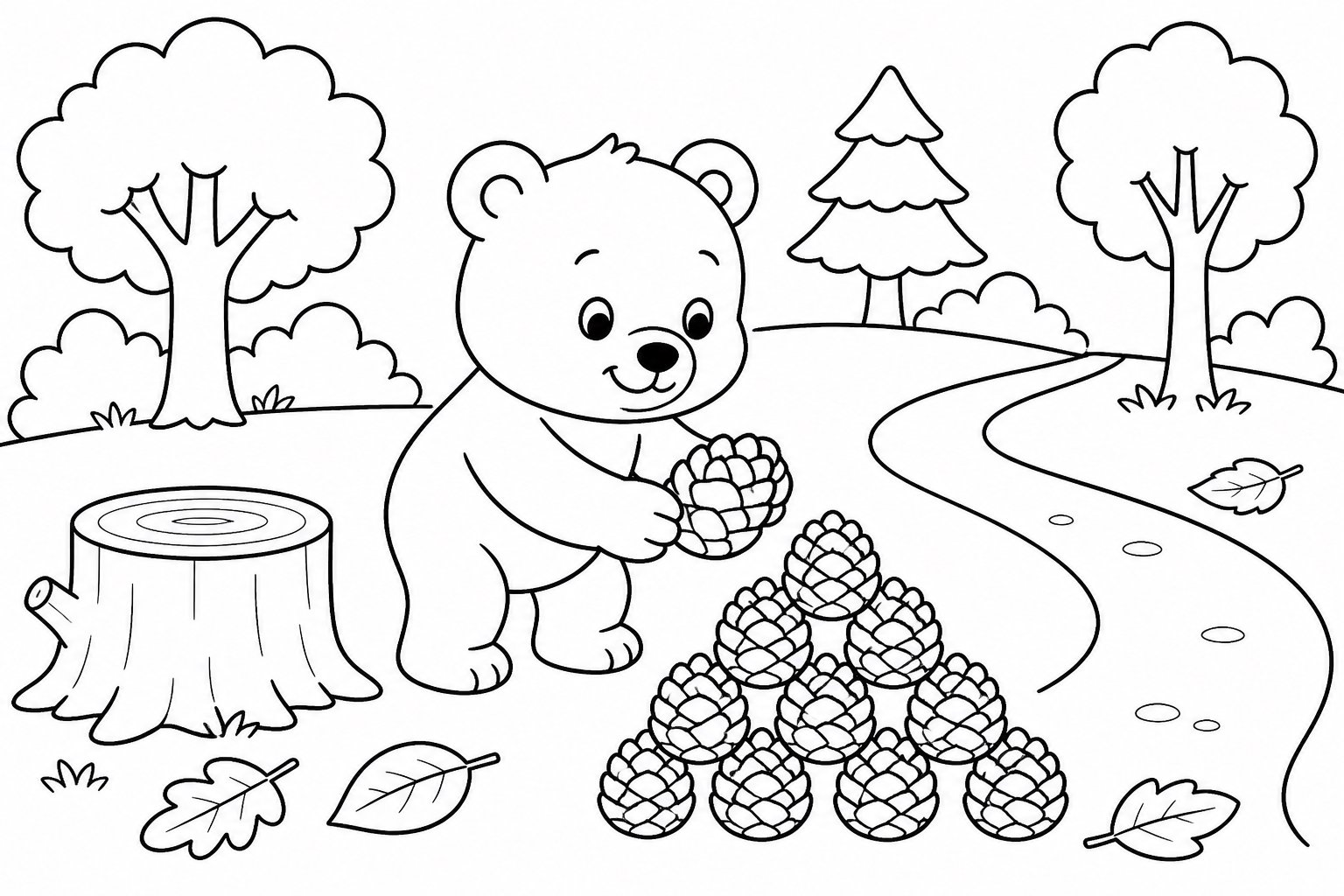 Petit ours rangeant des pommes de pin