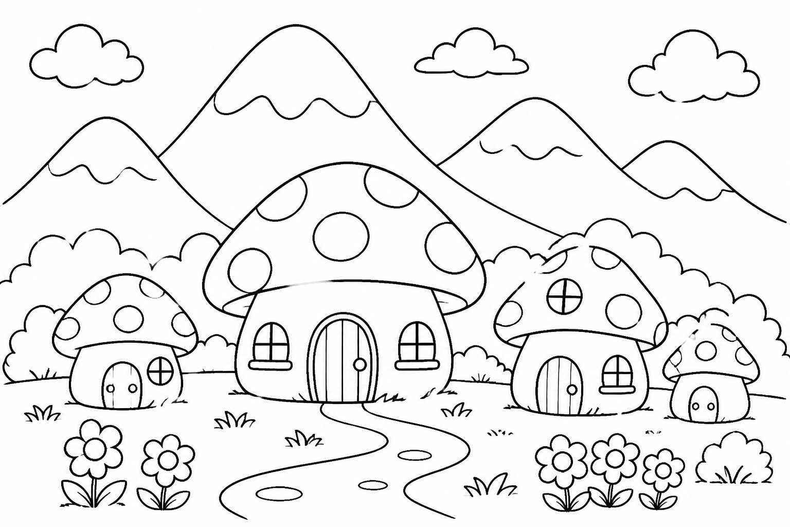 Village de champignons sous les montagnes lointaines