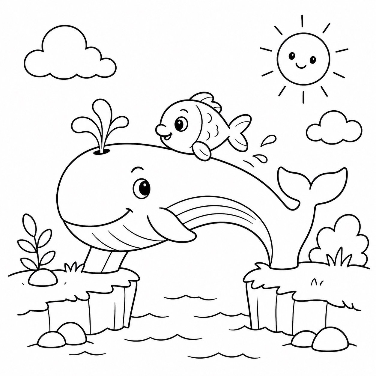 Baleia ajudando peixinhos a atravessar uma fossa