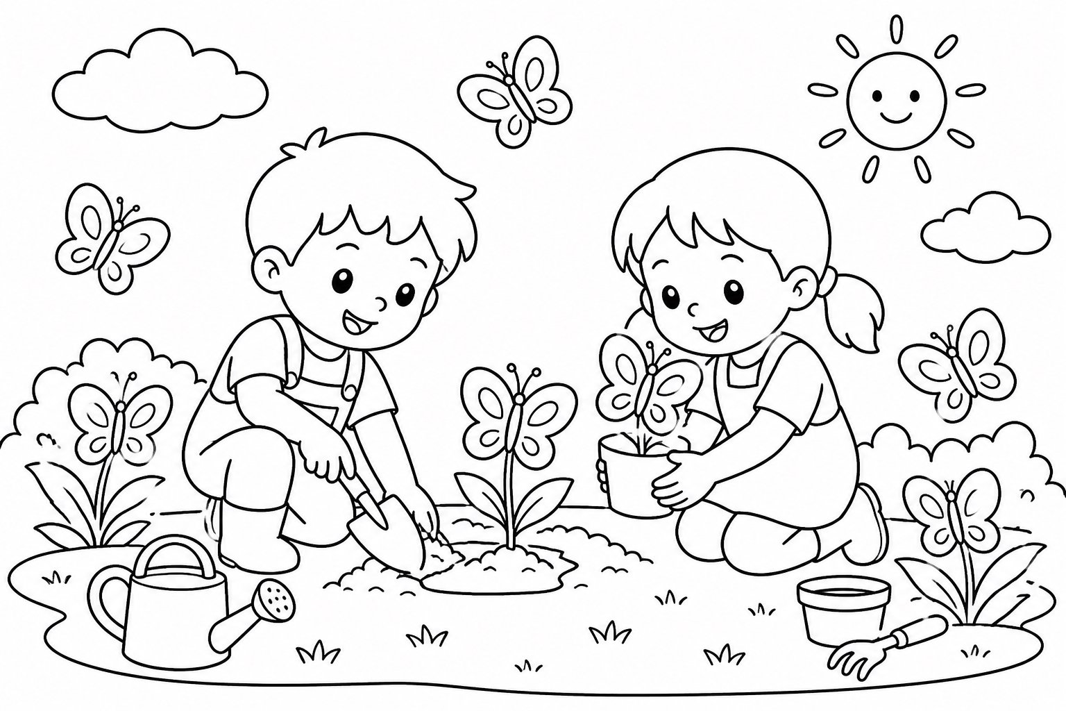 Kinder pflanzen Schmetterlingsblumen im Garten