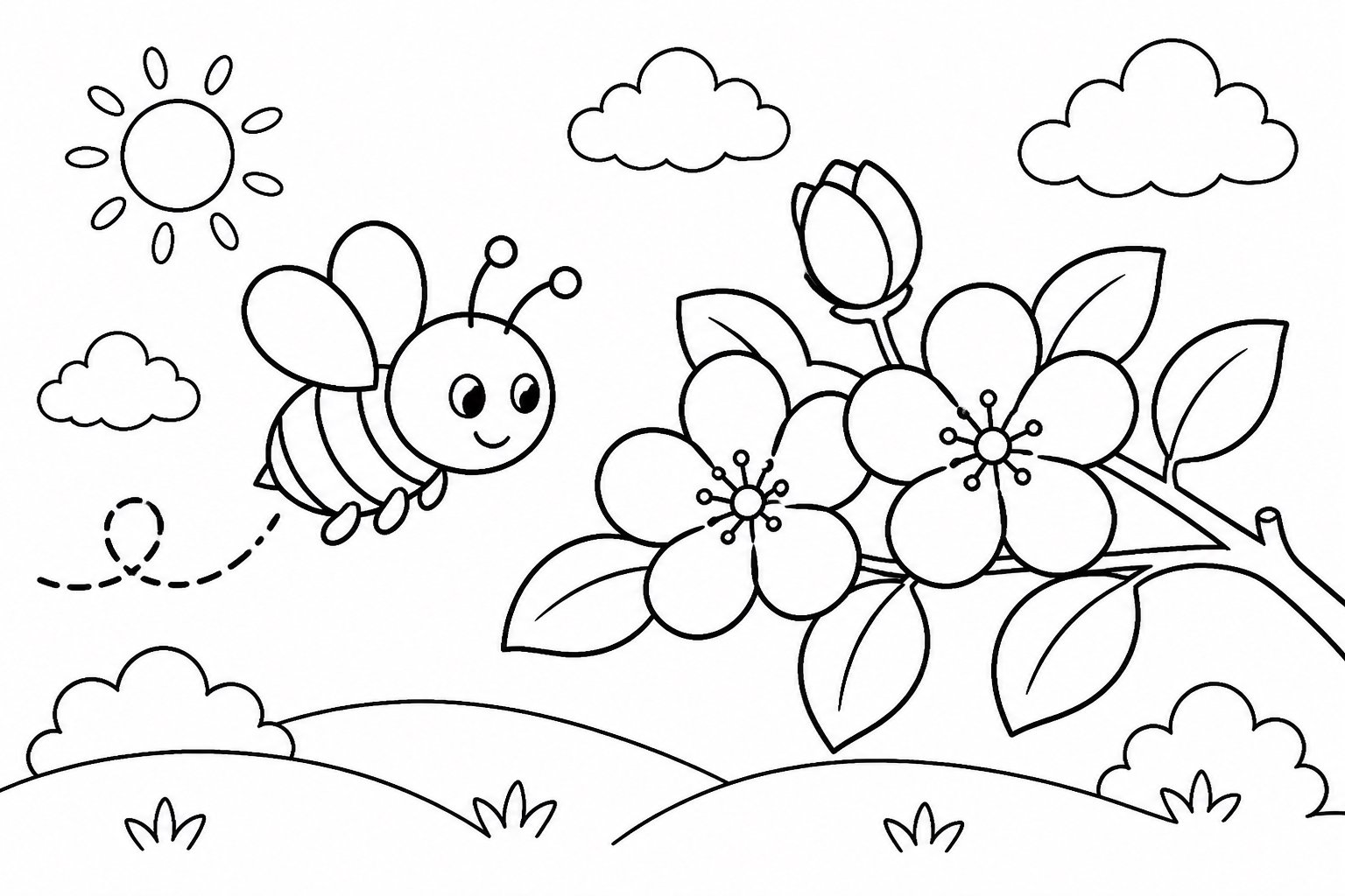 Abejita pasando junto a flores de manzano