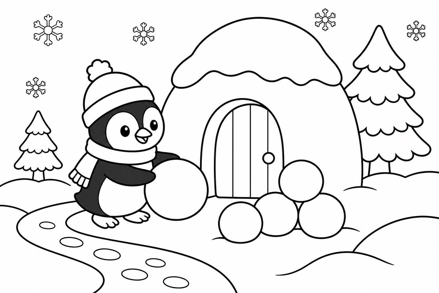 小さなペンギンが雪の家を整える