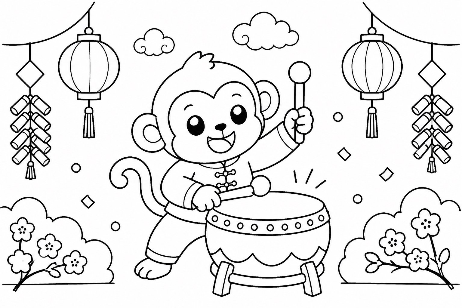 Petit singe jouant d’un petit tambour de fête