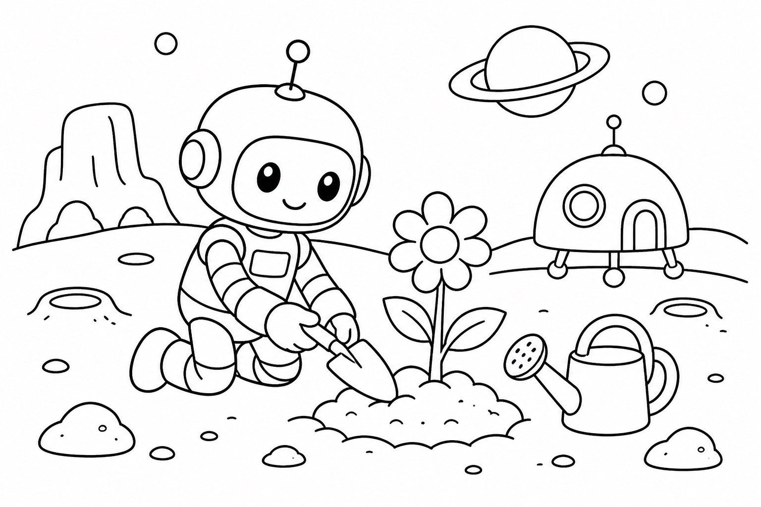 Pequeño robot plantando flores en Marte