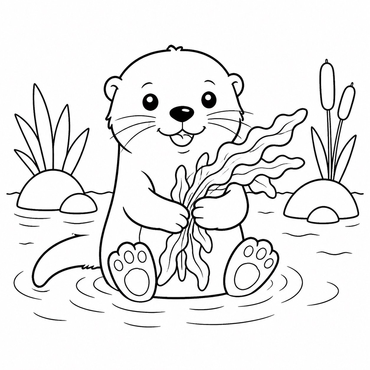 水草を抱えるカワウソ