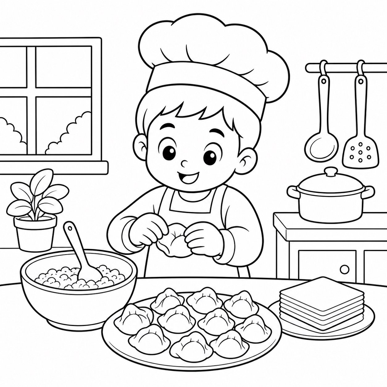 小さなワンタンを包む小さなシェフ