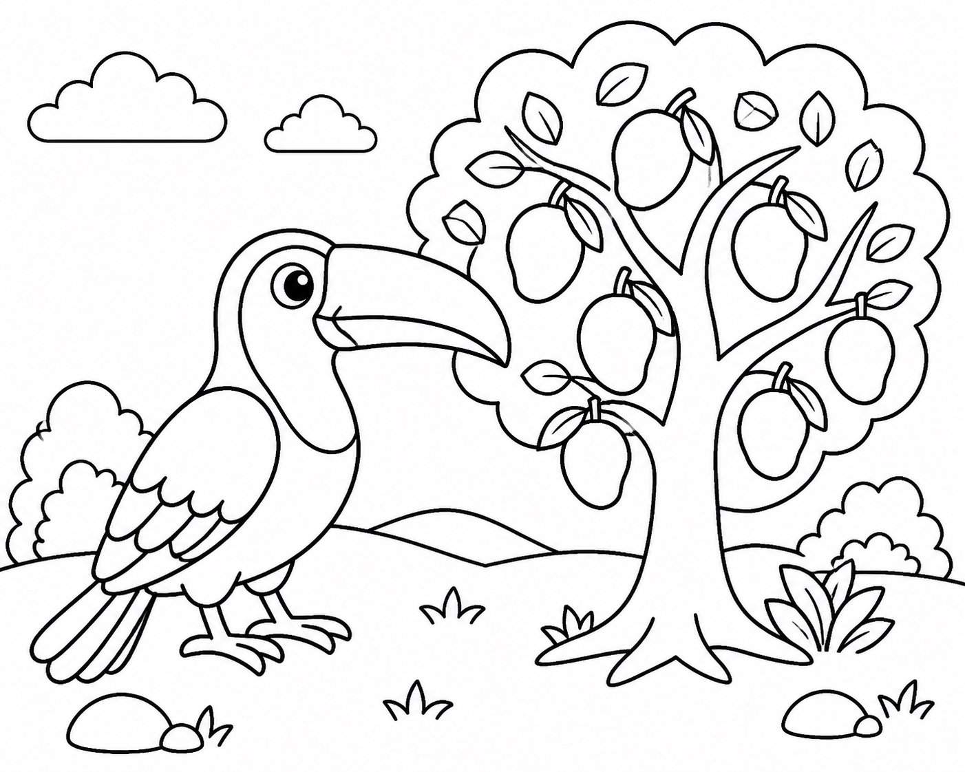 Tucano ao lado de uma árvore frutífera