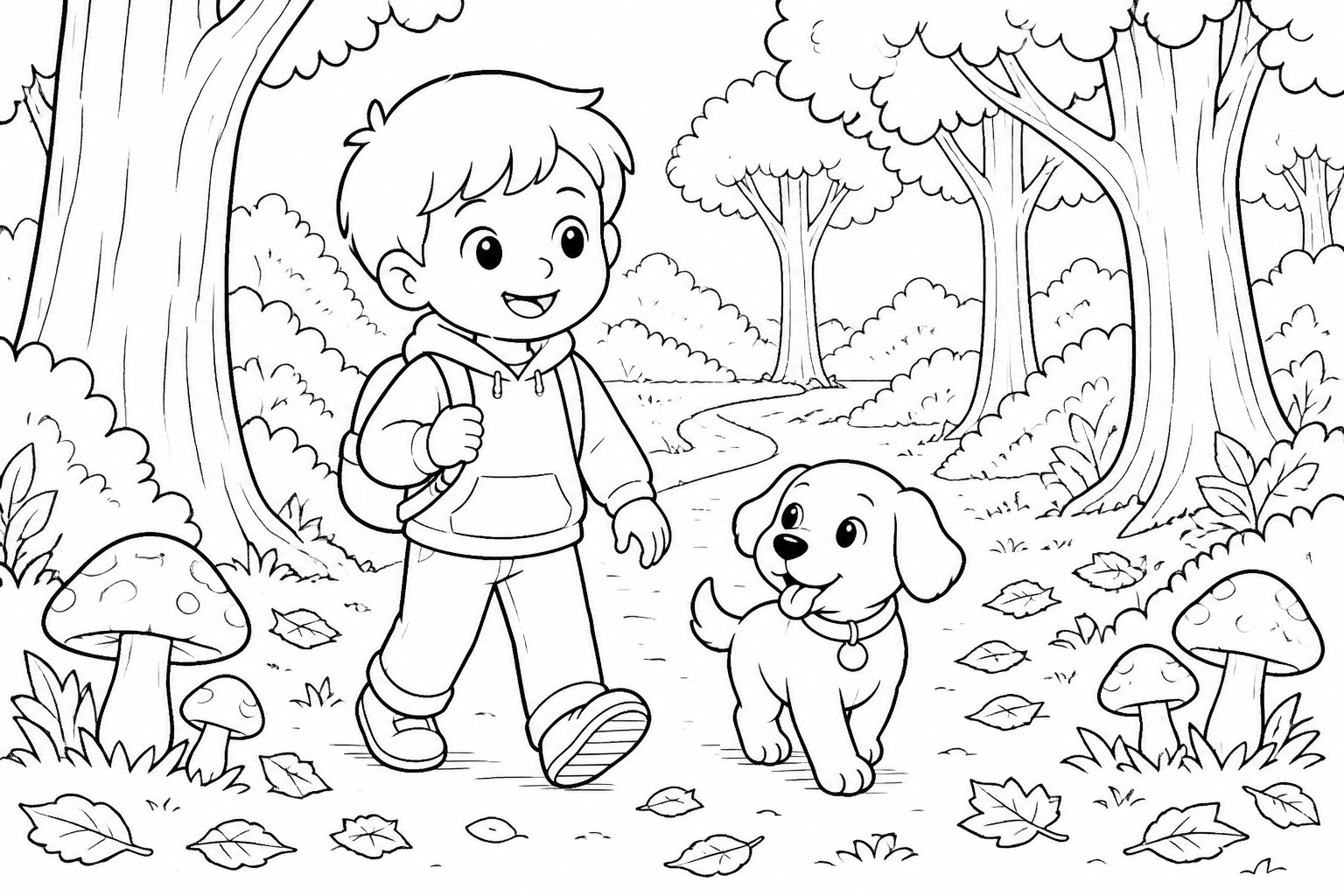 Kind und kleiner Hund gehen durch den Wald