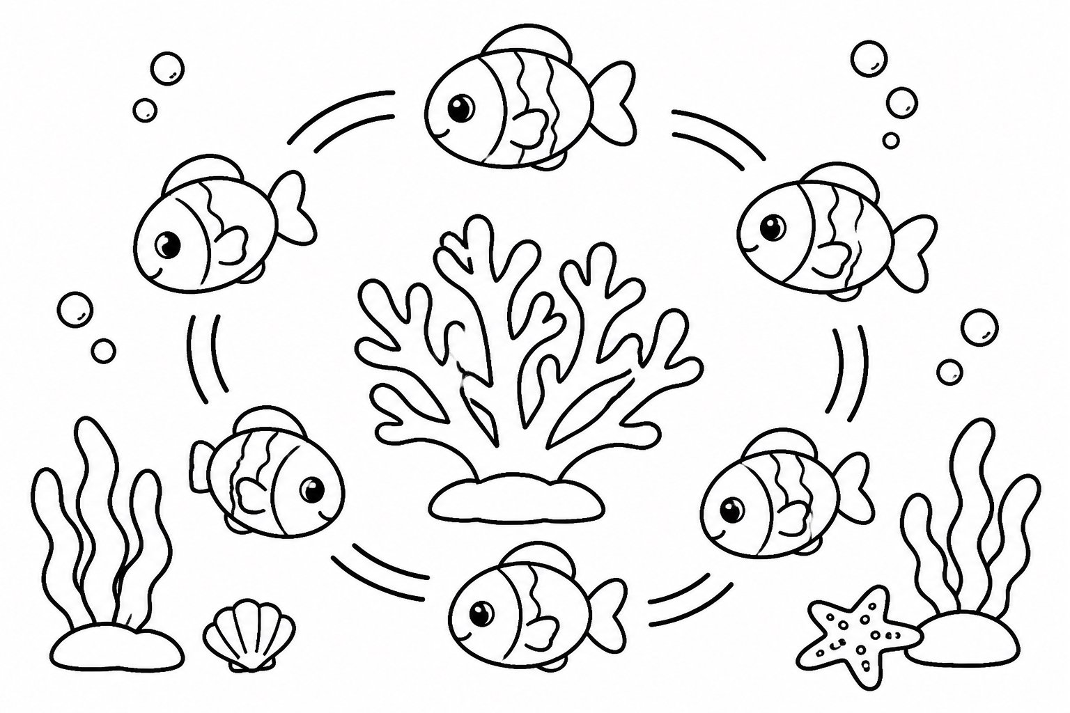 Peixes nadando em círculos ao redor do coral
