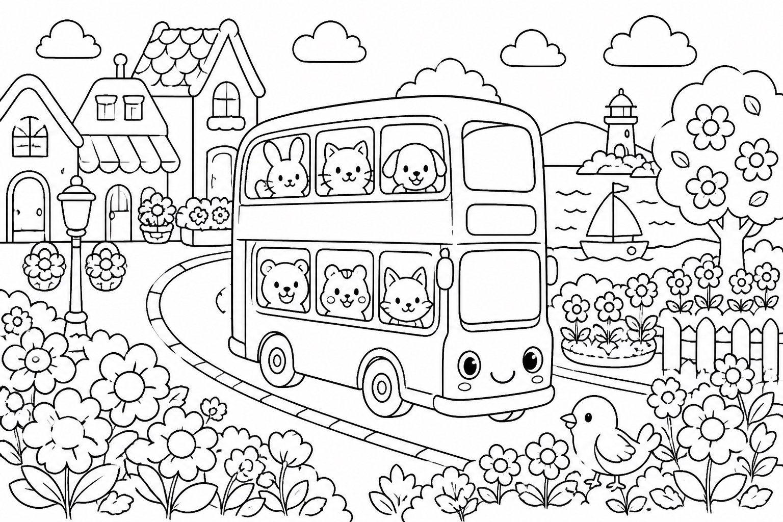 Le bus à impériale roule dans la rue des fleurs