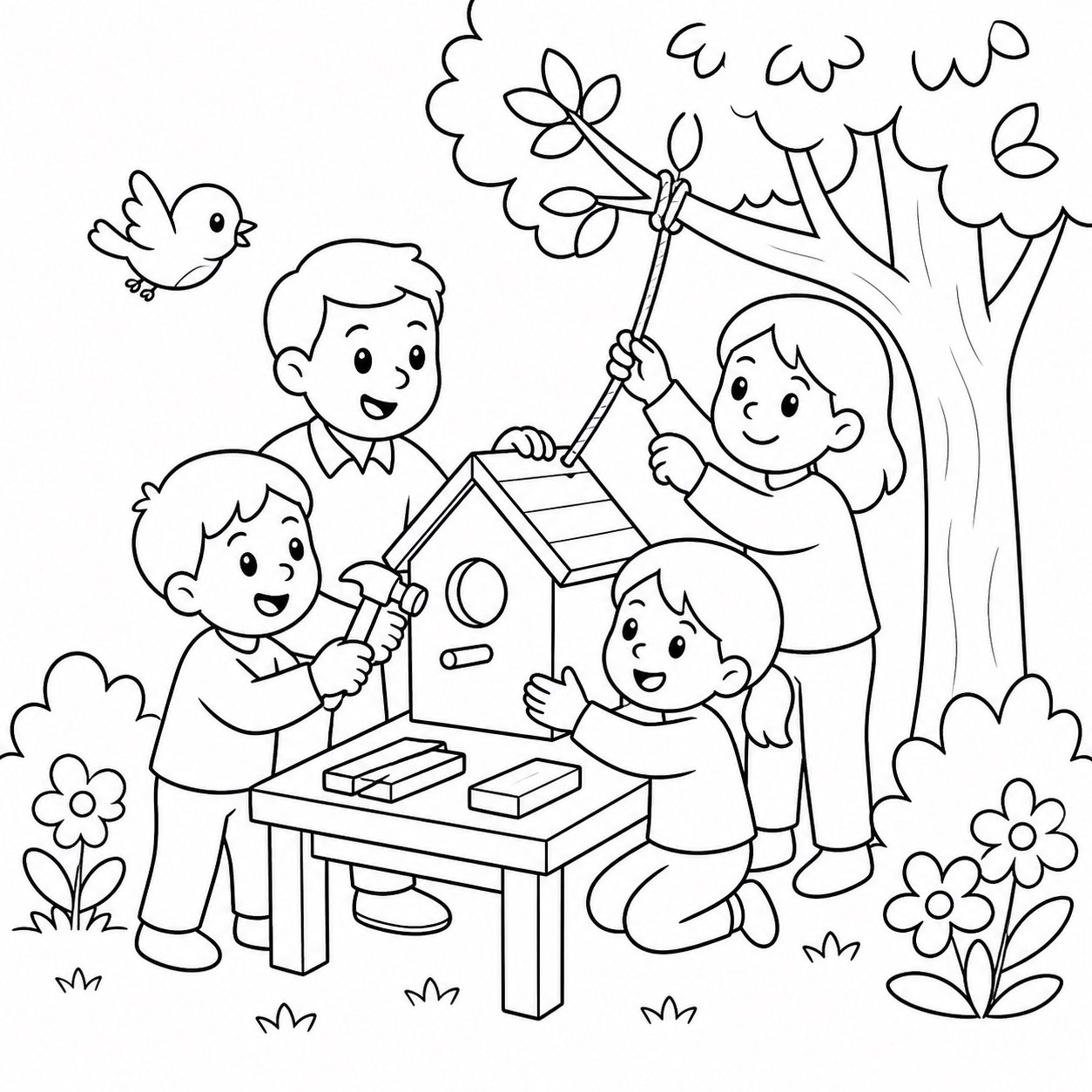 Vecinos construyendo una casita para pájaros
