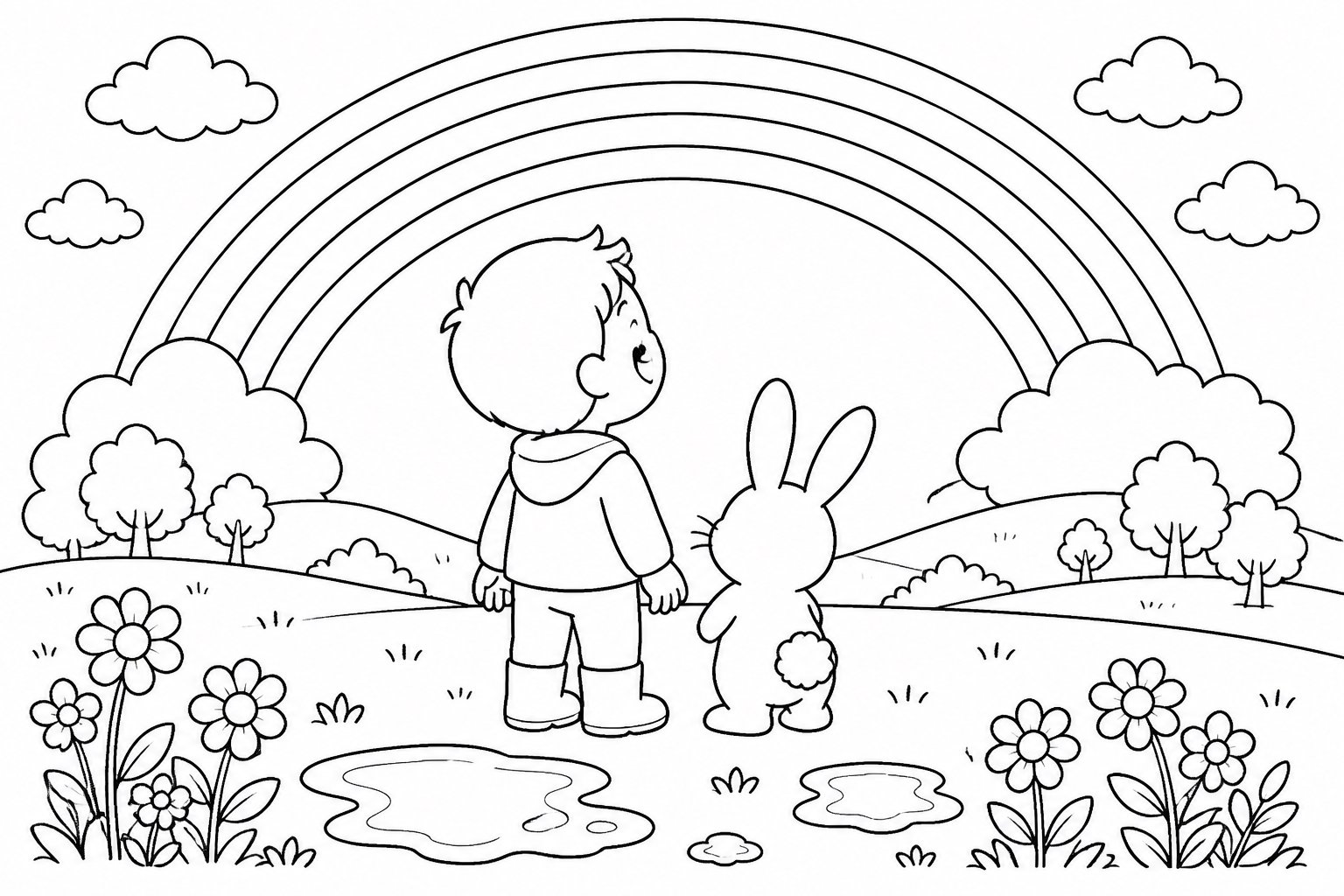 Kind und kleines Kaninchen betrachten einen Regenbogen