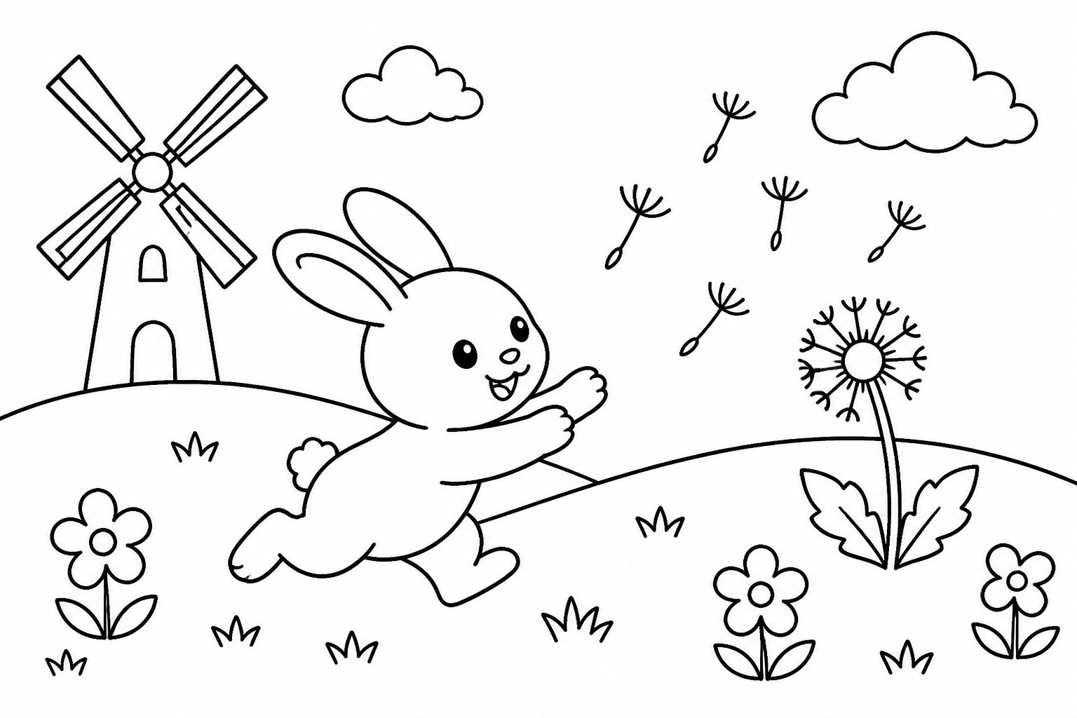 Petit lapin poursuivant des pissenlits