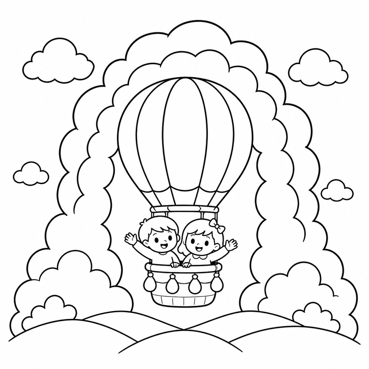 O balão de ar quente atravessa o portal de nuvens