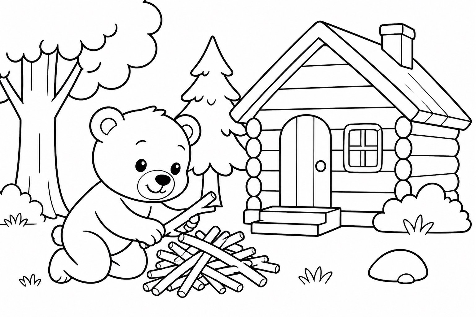 Petit ours empilant des branches devant la cabane