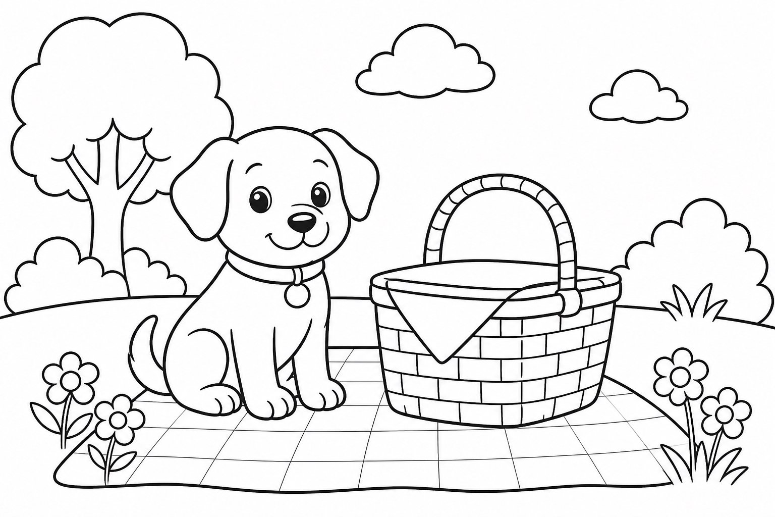El cachorro protege la cesta de picnic