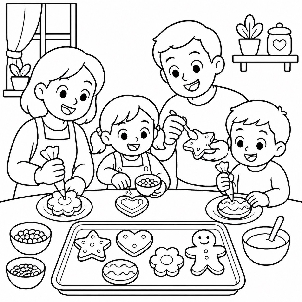 Crianças e familiares decorando biscoitos