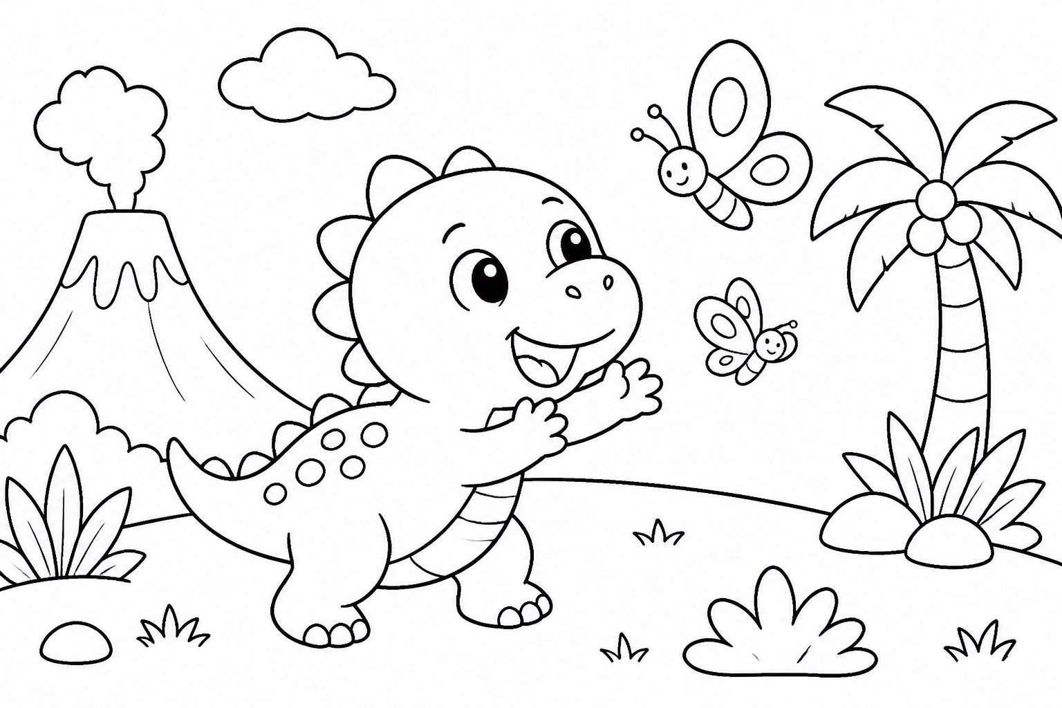 Filhote de dinossauro brincando com borboletas
