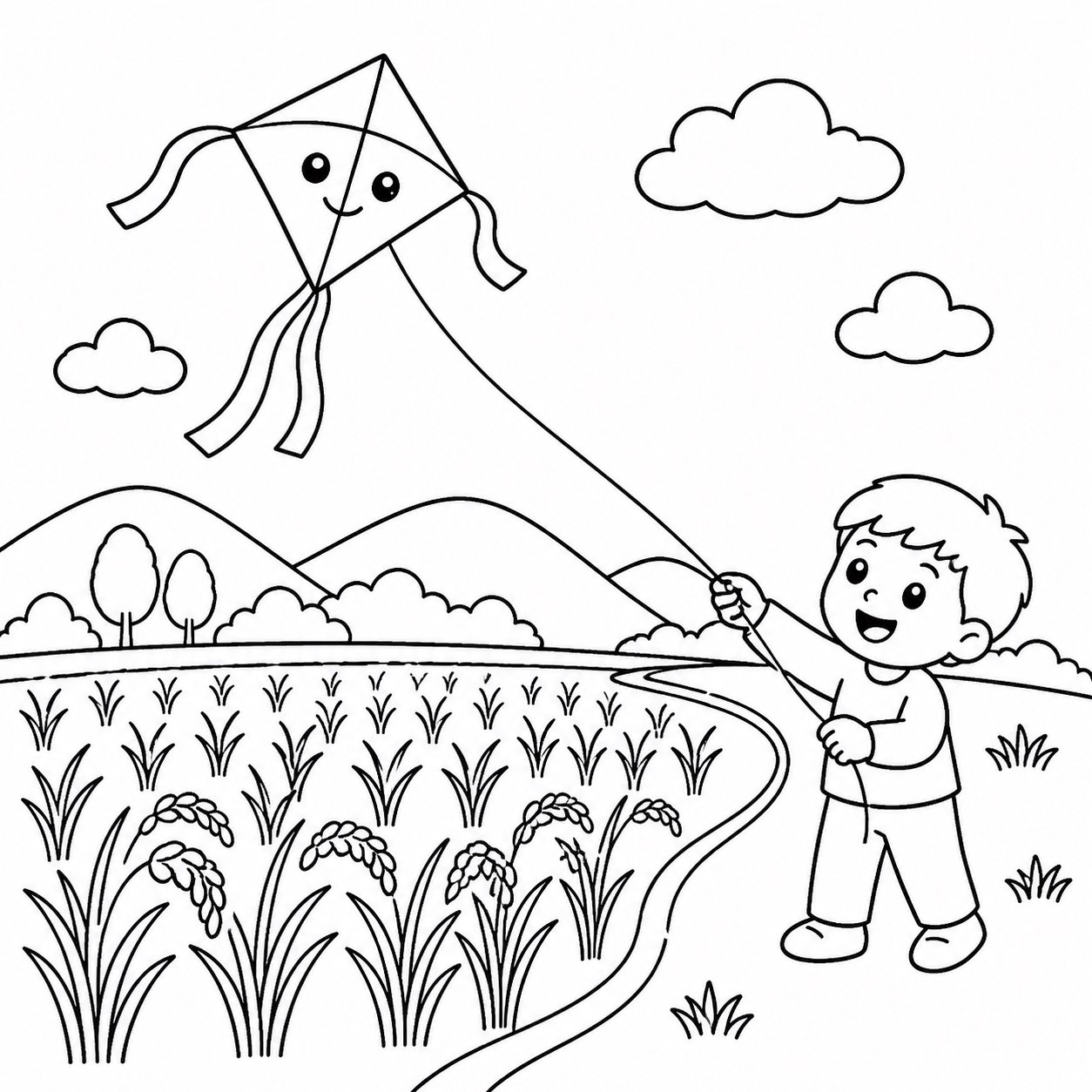 风筝飞过稻田