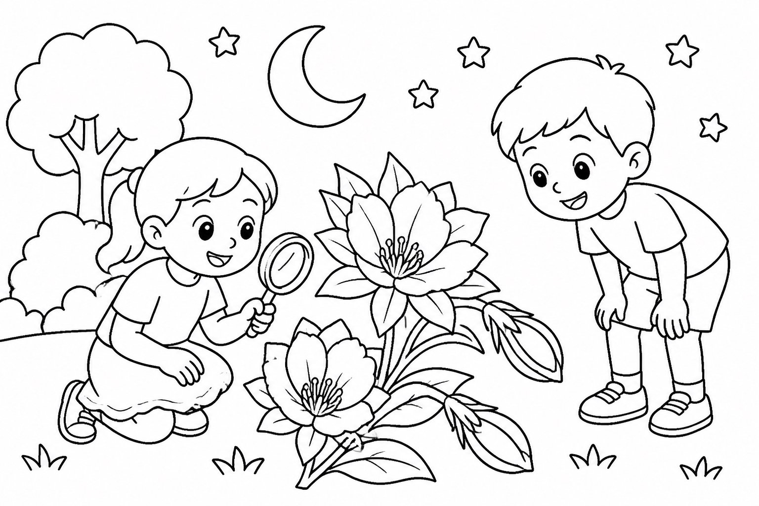 Enfants observant des fleurs nocturnes